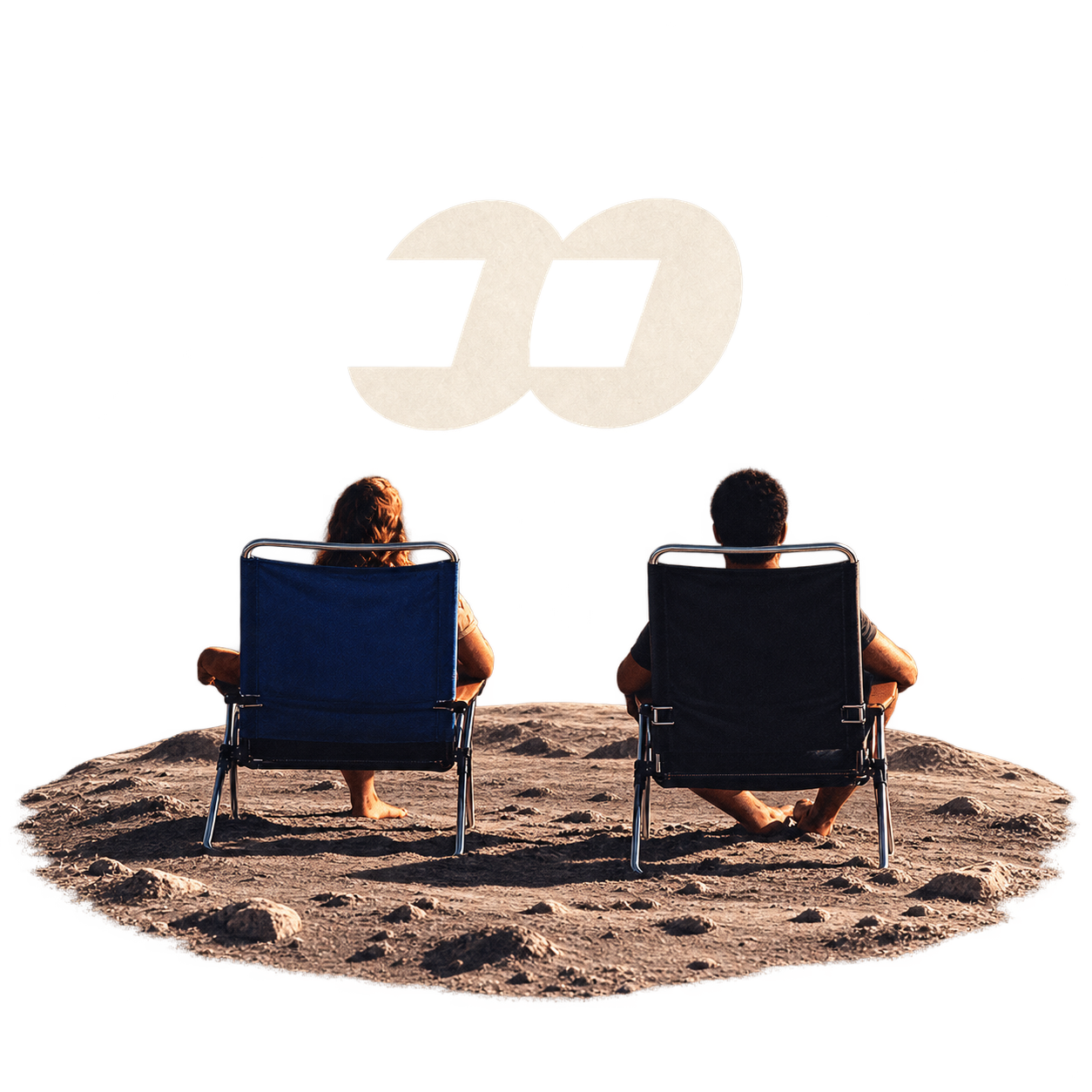 Two people sitting on lunar terrain beneath the The last FOMO symbol